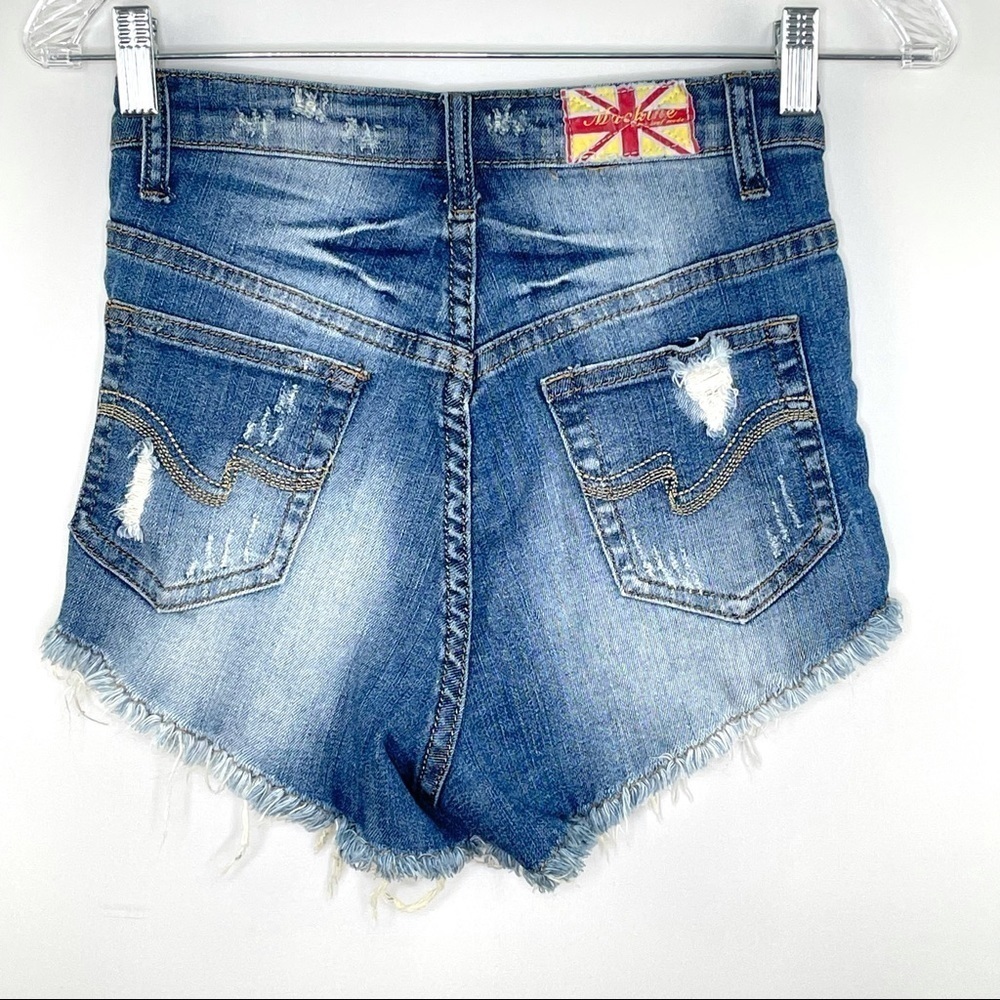 Machine Denim Medium Blue Distressed High Waist Shorts Sz S - Picture 5 of 6
